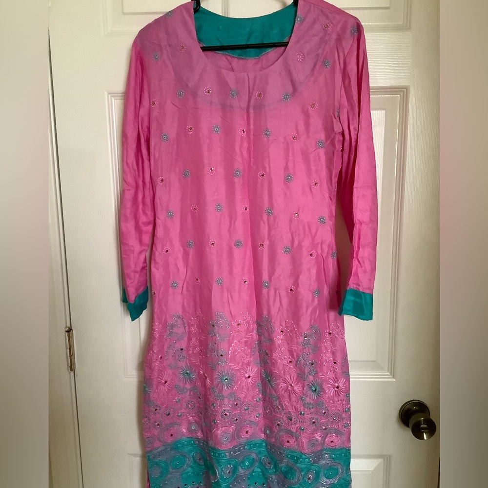 3pc Pink and blue decorated shalwar kameez  set